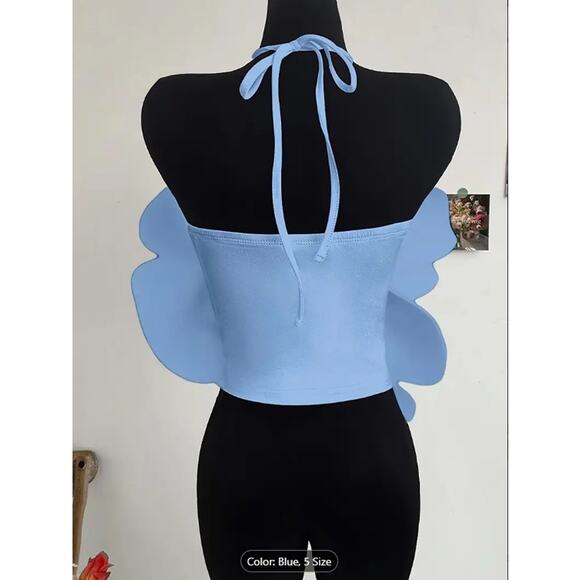 Blue Oversized 3D Flower Halter Crop Top – Statement Backless Festival & Party - Picture 2 of 5